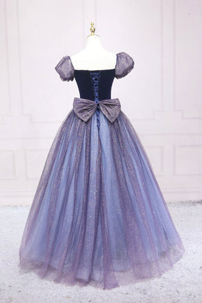 Cute Velvet Tulle Long Prom Dress, A-Line Short Sleeve Graduation Dress