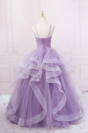 Purple V-Neck Tulle Long Prom Dress, Spaghetti Straps A-Line Evening Dress