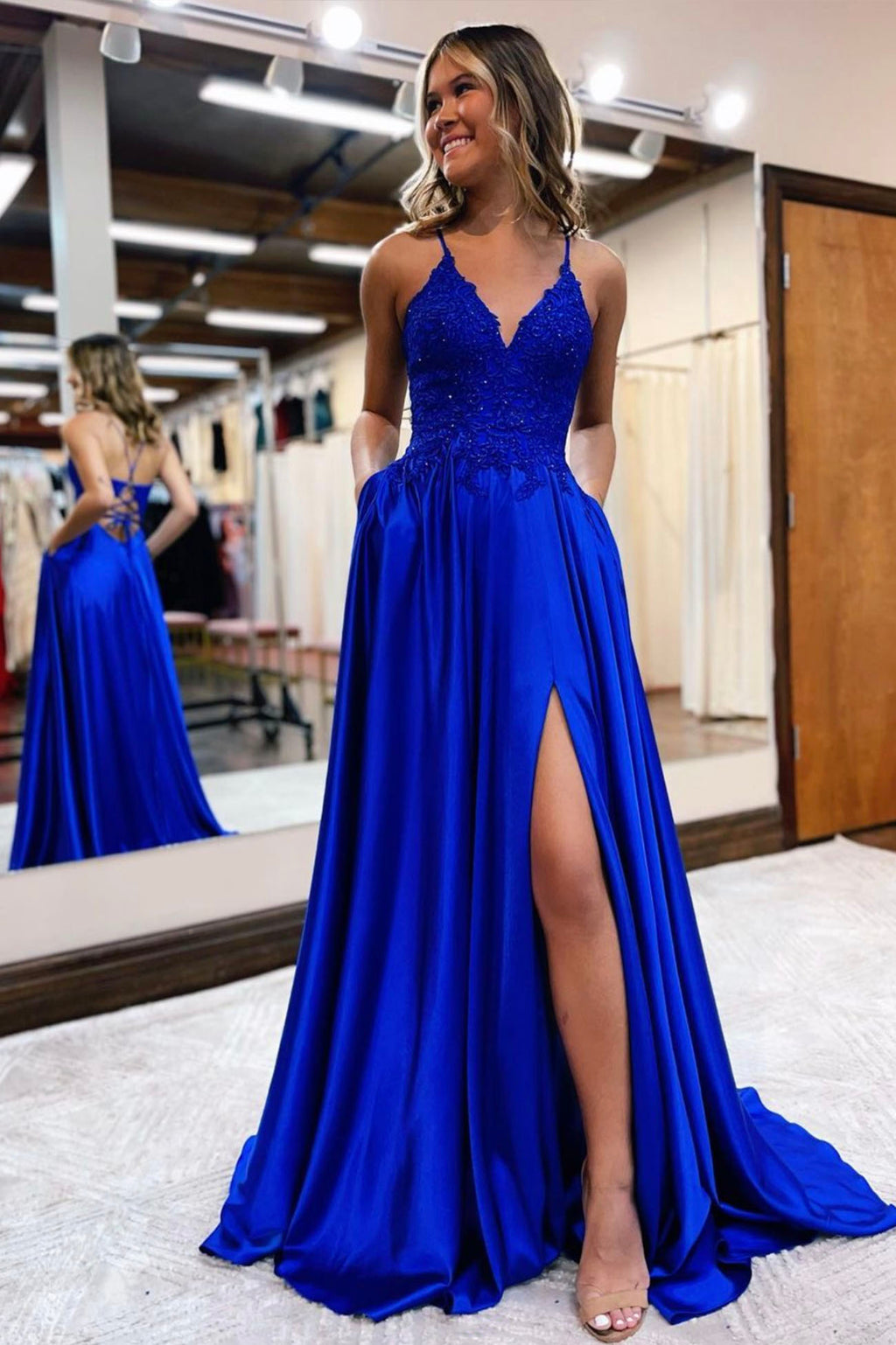 Cute V-Neck Satin Lace Long Prom Dress, A-Line Evening Dress with Slit Cute V-Neck Satin Lace Long Prom Dress, A-Line Evening Dress with Slit