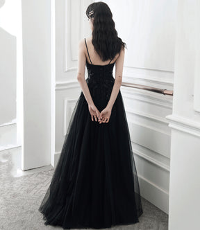 Black V-Neck Tulle Lace Long Prom Dress, A-Line Evening Party Dress