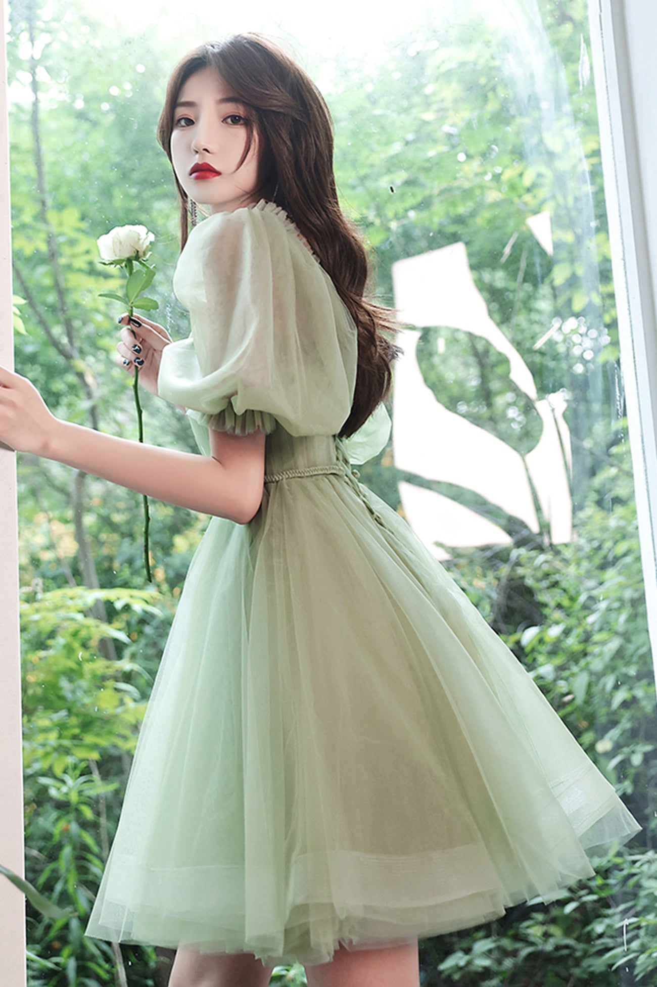 Green Tulle Short A-Line Prom Dress, Cute Short Sleeve Evening Party D Green Tulle Short A-Line Prom Dress, Cute Short Sleeve Evening Party D