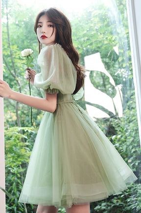 Green Tulle Short A-Line Prom Dress, Cute Short Sleeve Evening Party Dress