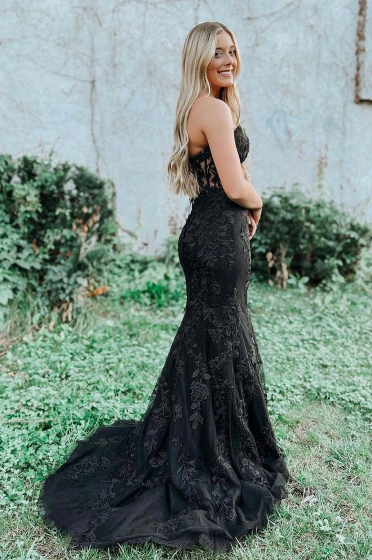 Black Lace Floor Length Prom Dress, Mermaid Strapless Evening Dress