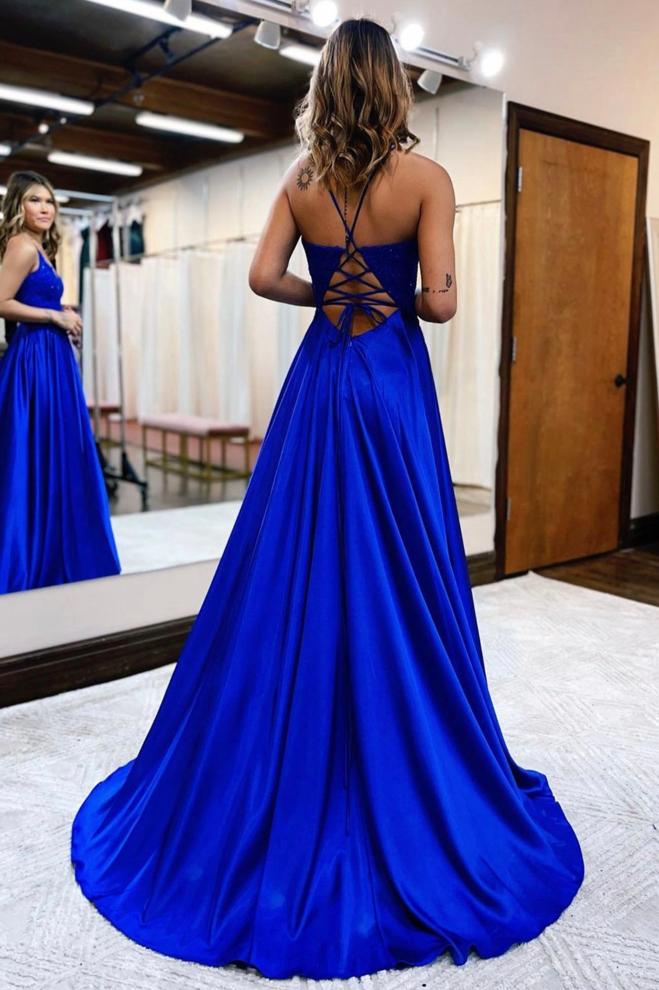 Cute V-Neck Satin Lace Long Prom Dress, A-Line Evening Dress with Slit Cute V-Neck Satin Lace Long Prom Dress, A-Line Evening Dress with Slit