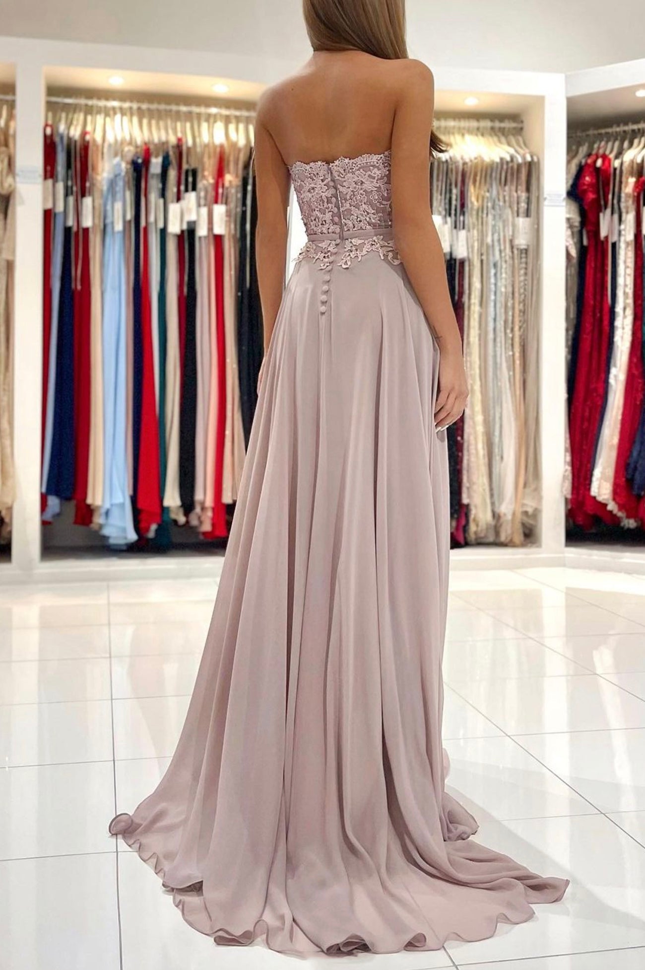 Cute Chiffon Lace Long A-Line Prom Dress, Cute Strapless Party Dress with Slit