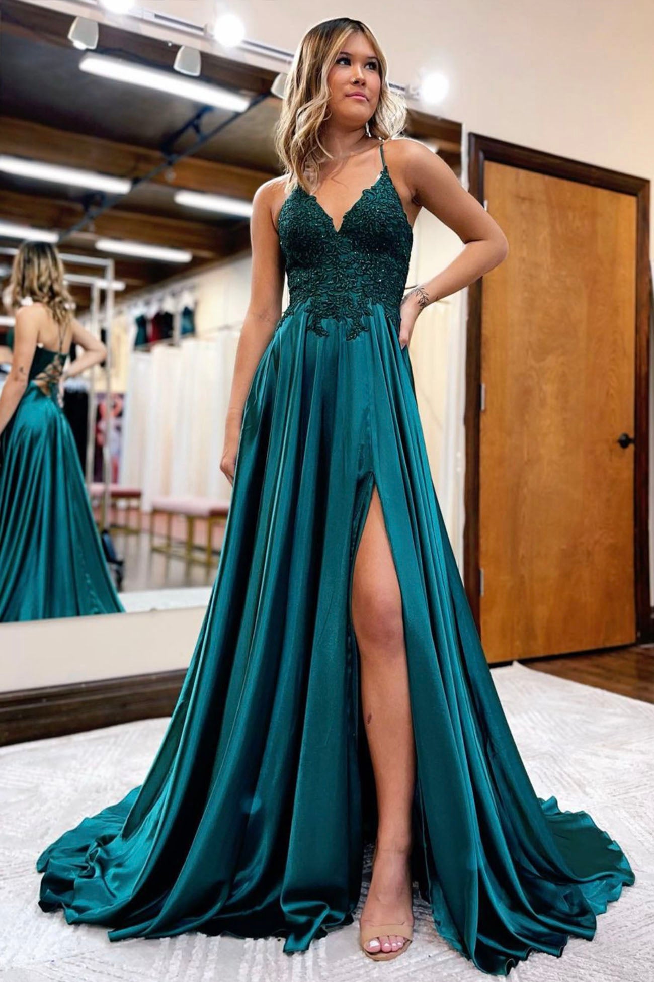 Satin And Lace Prom Dress A-Line Special Occasion Soft Satin Gown W/ Floral Applique Satin And Lace Prom Dress A-Line Special Occasion Soft Satin Gown W/ Floral Applique