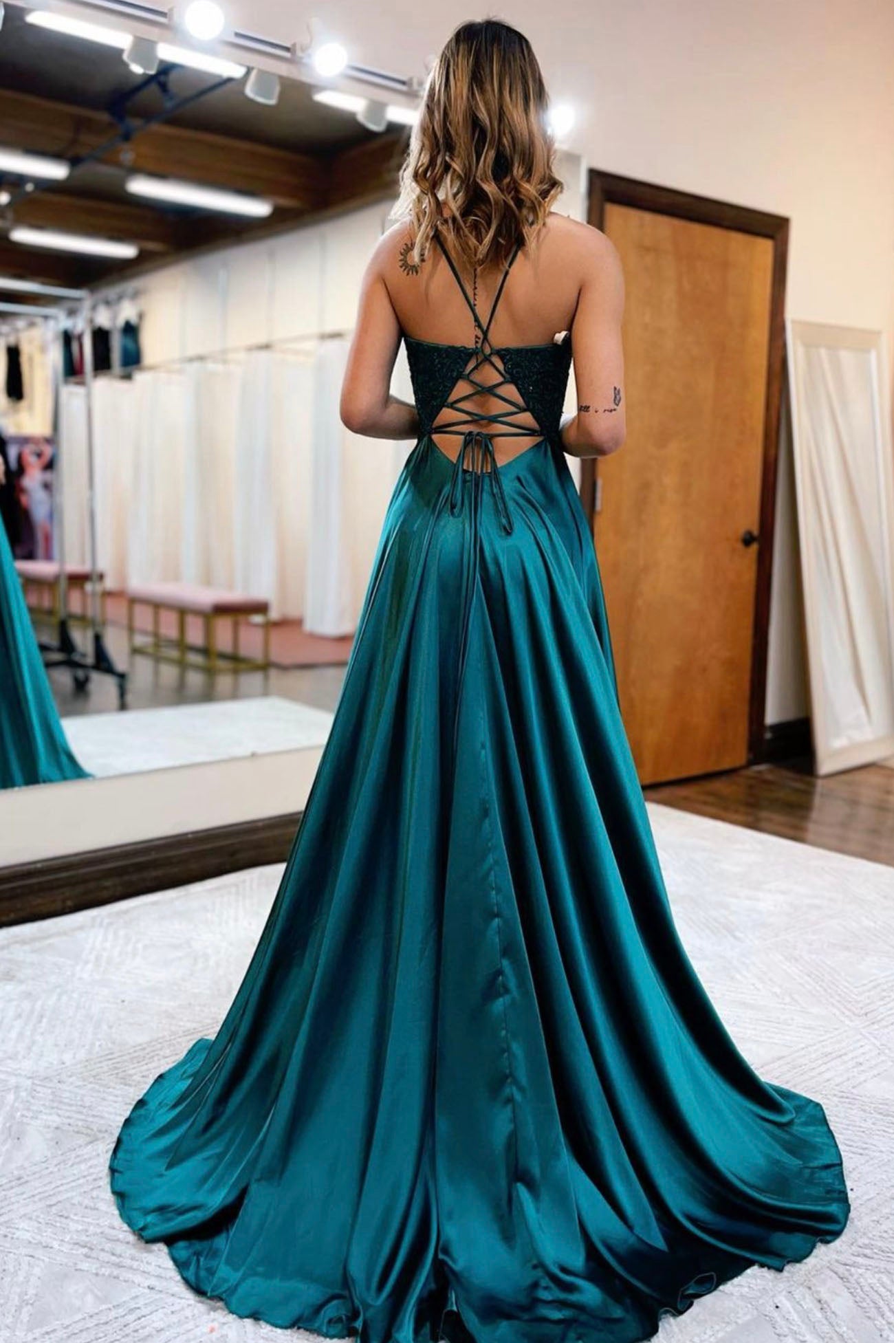 Cute V-Neck Satin Lace Long Prom Dress, A-Line Evening Dress with Slit Cute V-Neck Satin Lace Long Prom Dress, A-Line Evening Dress with Slit