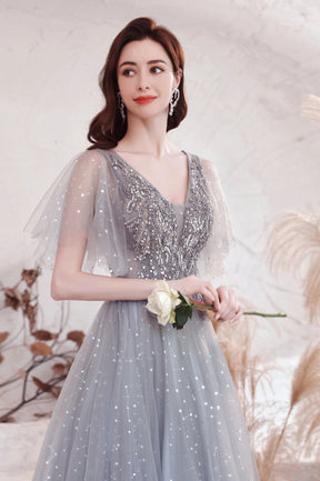 Gray V-Neck Tulle Sequins Long Prom Dress, A-Line Evening Graduation Dress