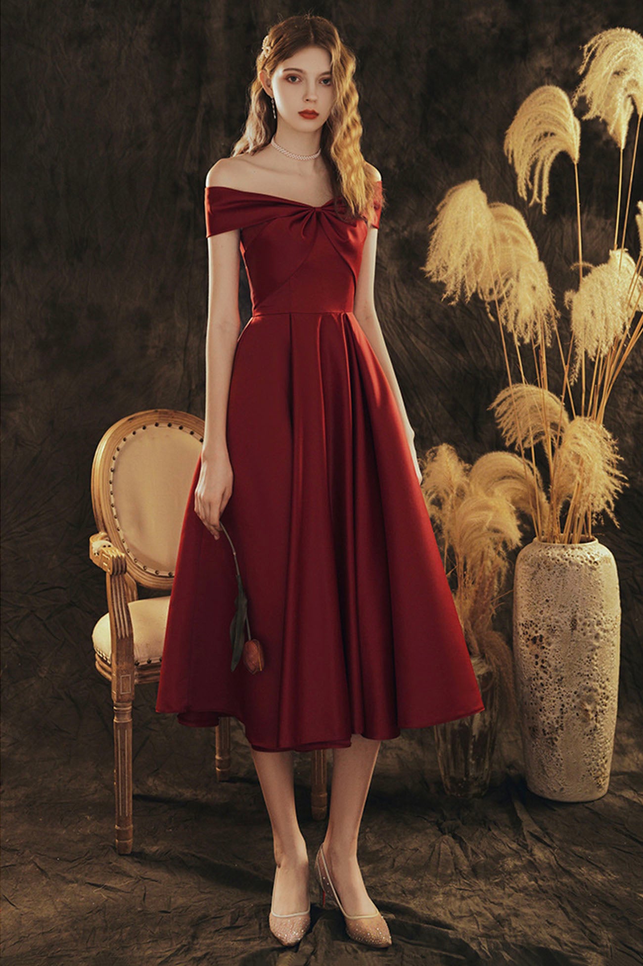 Burgundy Satin Short Prom Dress, Cute Off the Shoulder Evening Dress Burgundy Satin Short Prom Dress, Cute Off the Shoulder Evening Dress