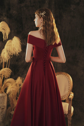Burgundy Satin Short Prom Dress, Cute Off the Shoulder Evening Dress