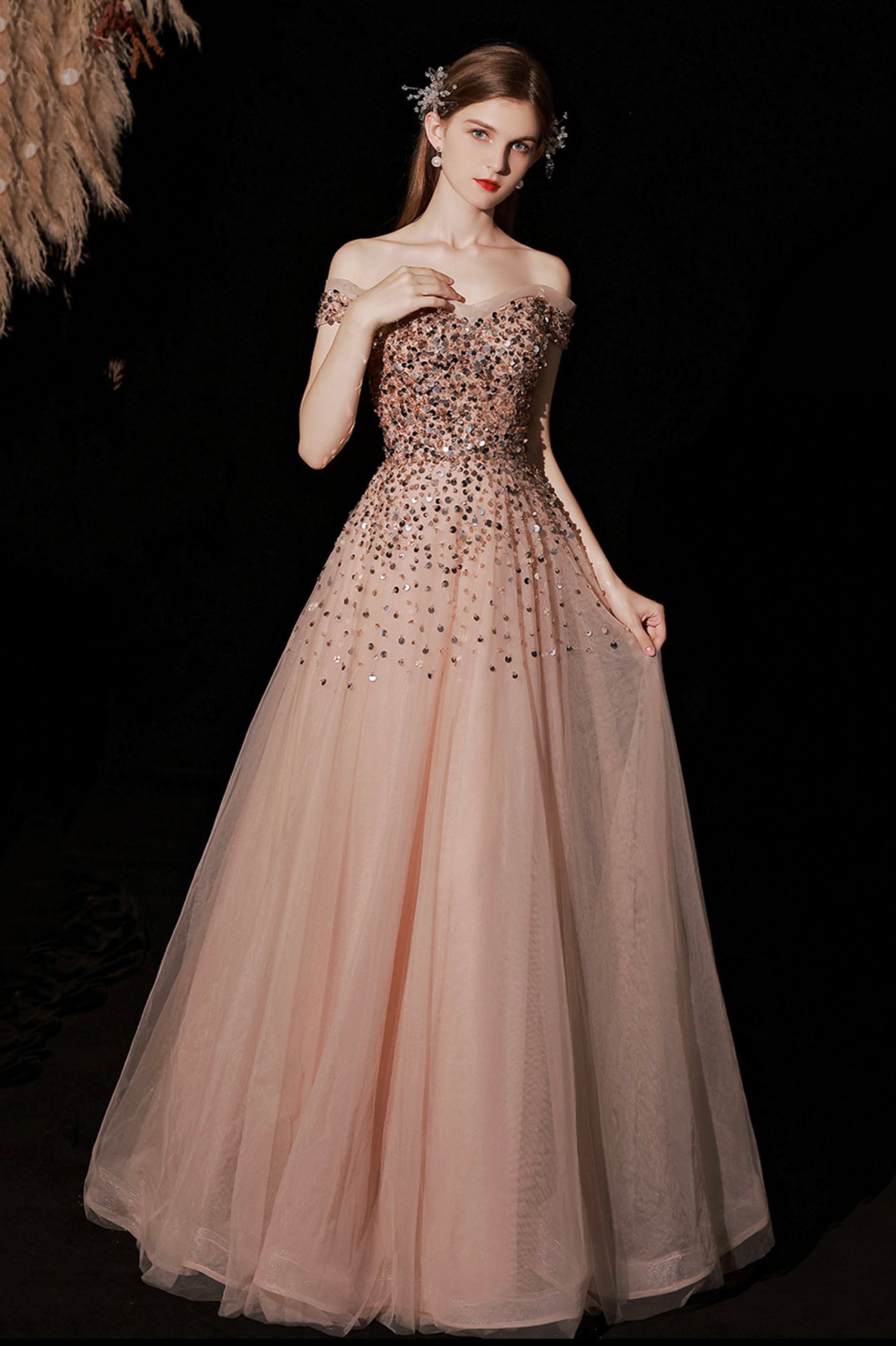 Shiny Tulle Long A-Line Prom Dress with Sequins, Off the Shoulder Party Dress