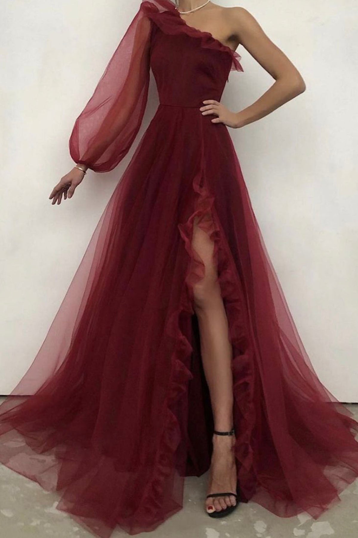 Burgundy Tulle One Shoulder Prom Dress, A-Line Evening Dress with Slit