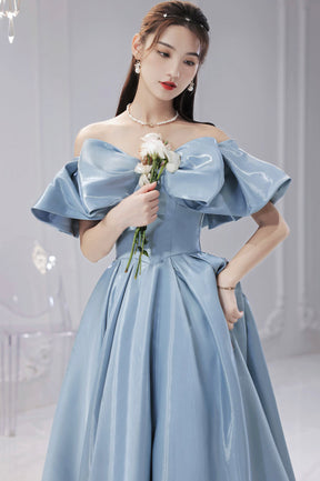 Blue Satin Long A-Line Prom Dress, Off the Shoulder Evening Dress with Bow