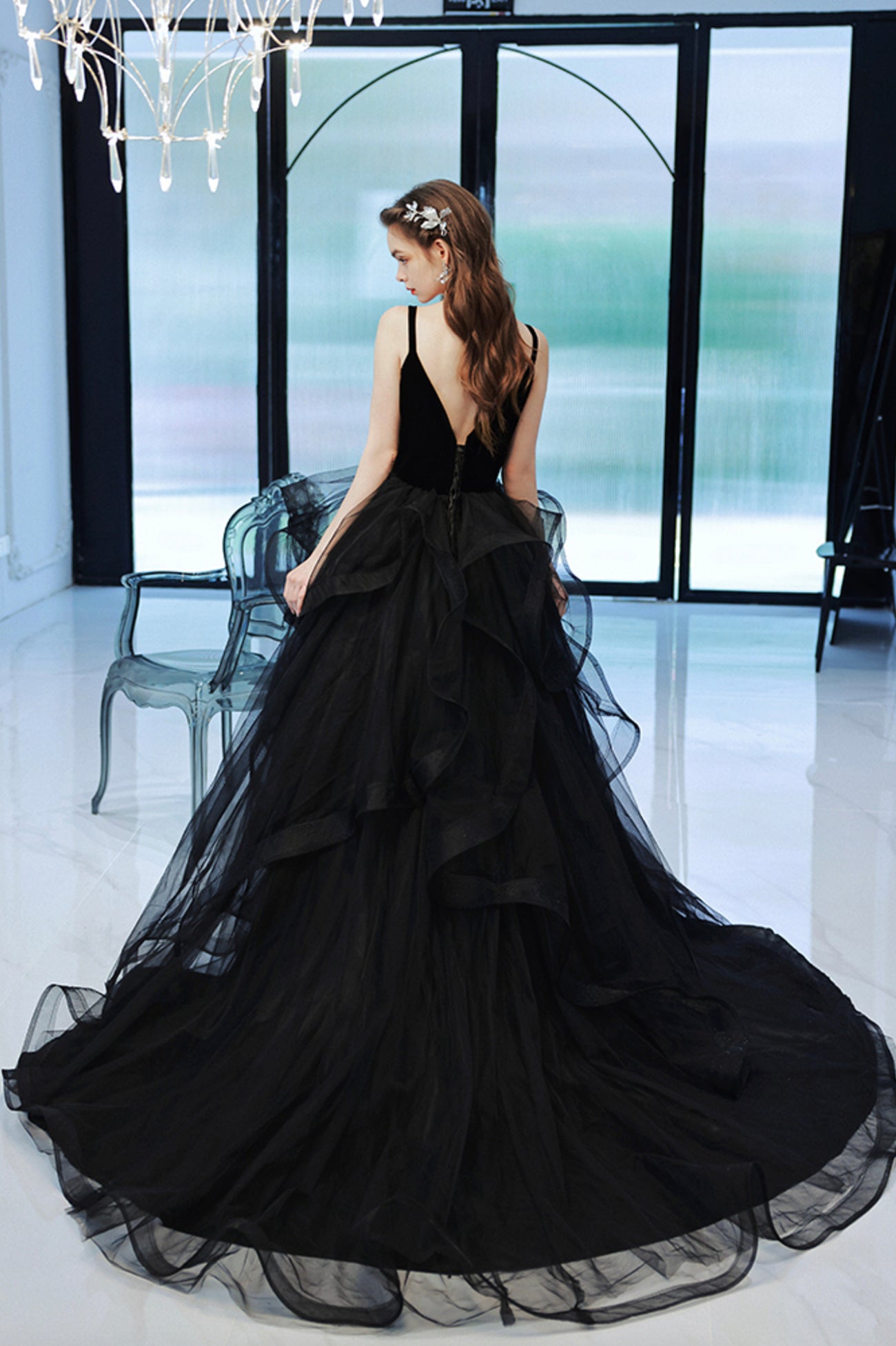 Black V-Neck Tulle Long Prom Dress, Black Graduation Dress with Lace US 2 / Custom Color