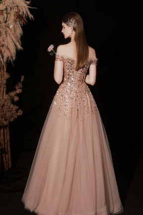 Shiny Tulle Long A-Line Prom Dress with Sequins, Off the Shoulder Party Dress
