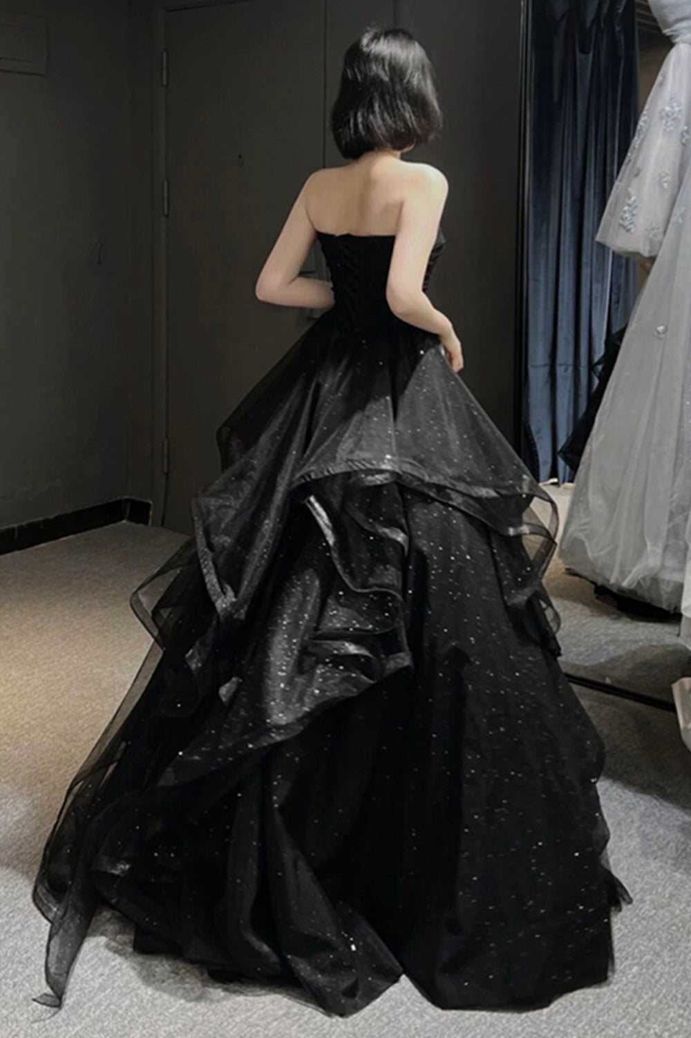 Black Tulle Layers Long A-Line Prom Dress, Black Strapless Evening Dre