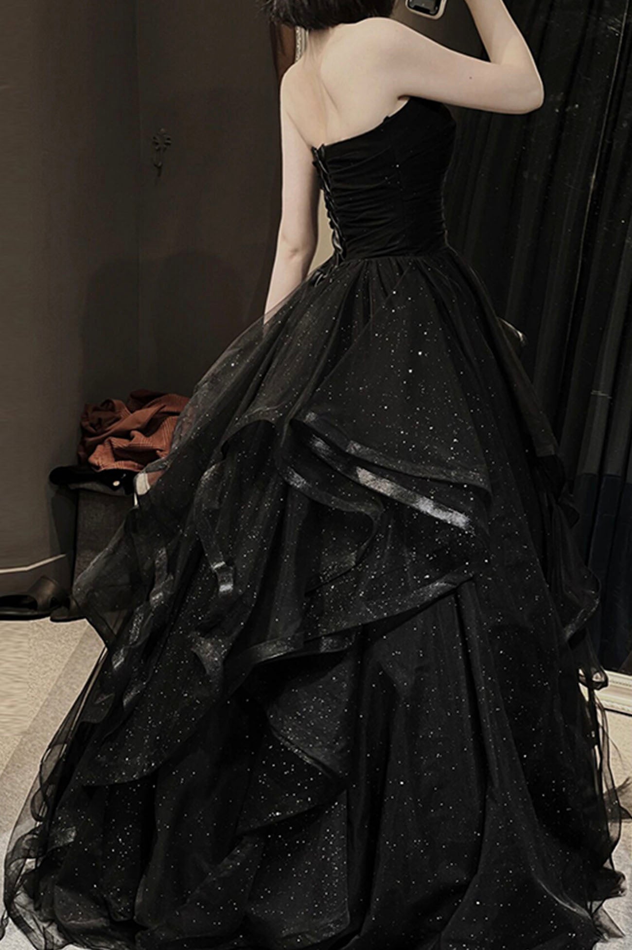 Black Tulle Layers Long A-Line Prom Dress, Black Strapless Evening Dre