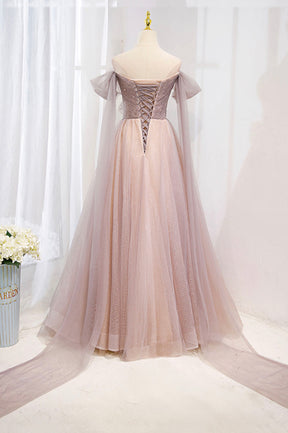 Pink Tulle Off the Shoulder Prom Dress with Beaded, A-Line Formal Evening Dress