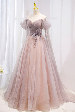 Pink Tulle Off the Shoulder Prom Dress with Beaded, A-Line Formal Even