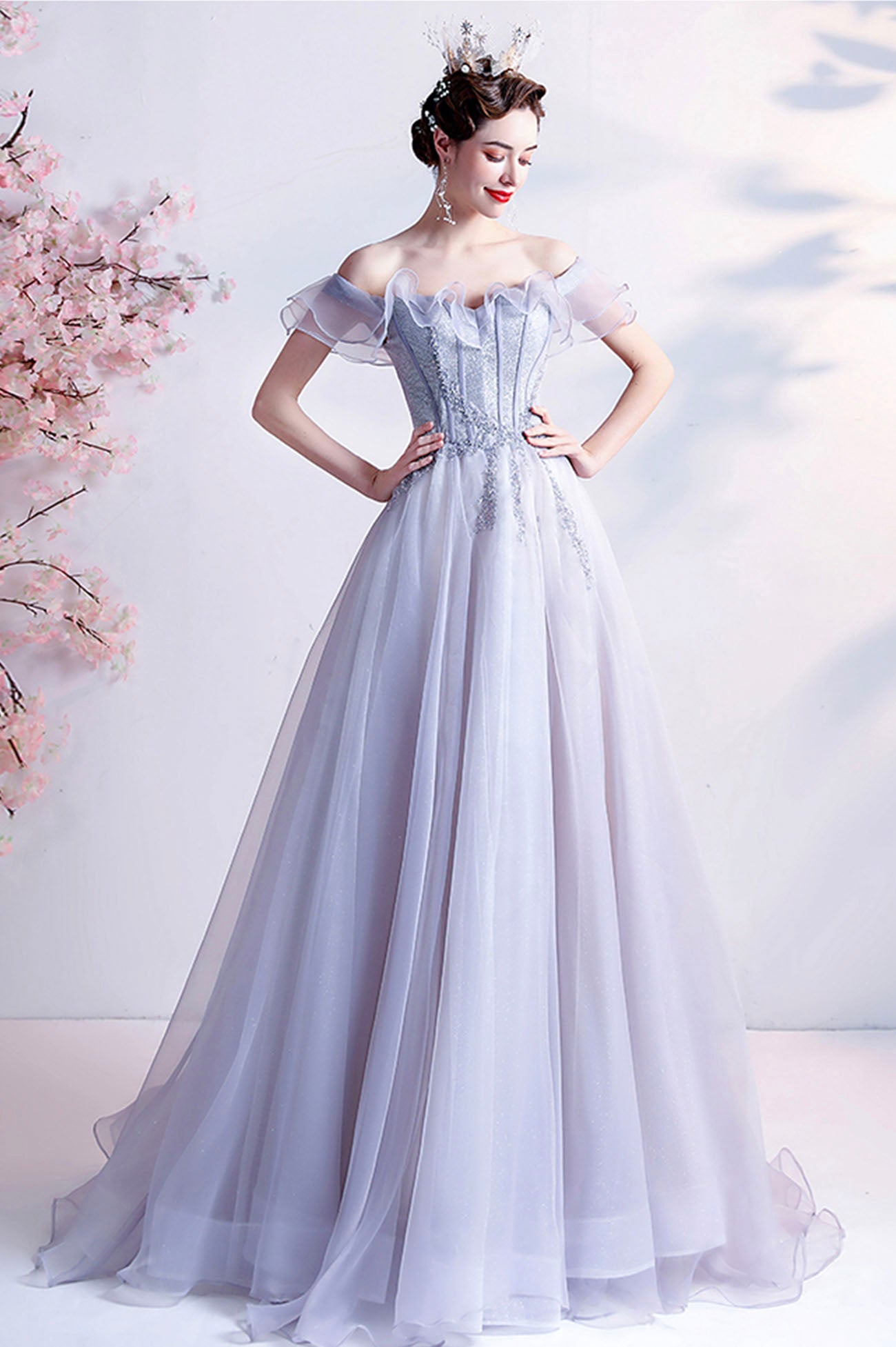 Gray Tulle Off the Shoulder Long Prom Dress, A-Line Evening Party Dress