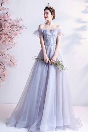Gray Tulle Off the Shoulder Long Prom Dress, A-Line Evening Party Dress