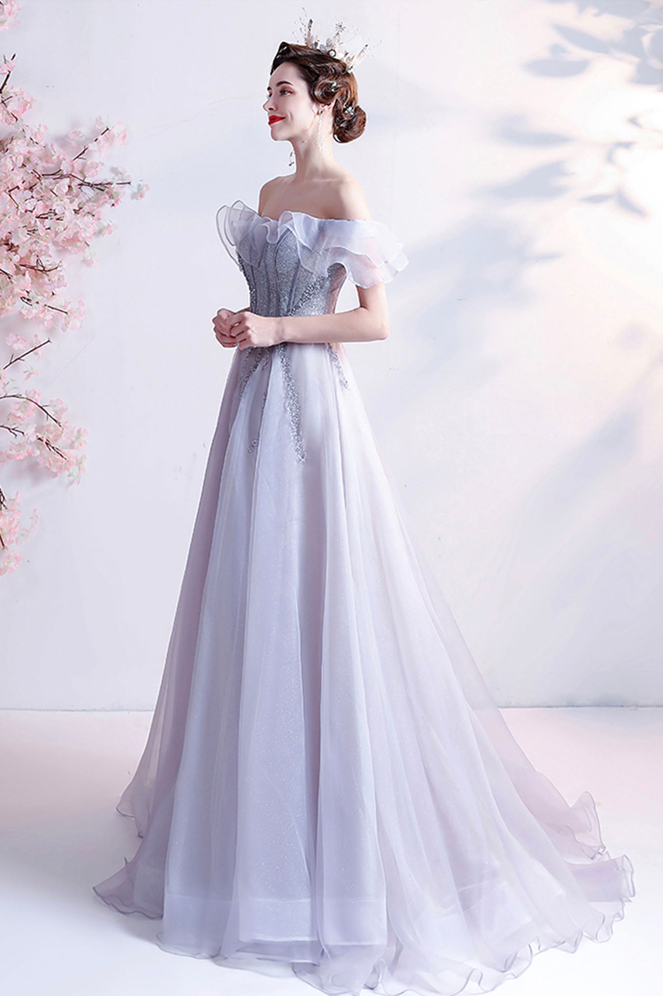 Gray Tulle Off the Shoulder Long Prom Dress, A-Line Evening Party Dress