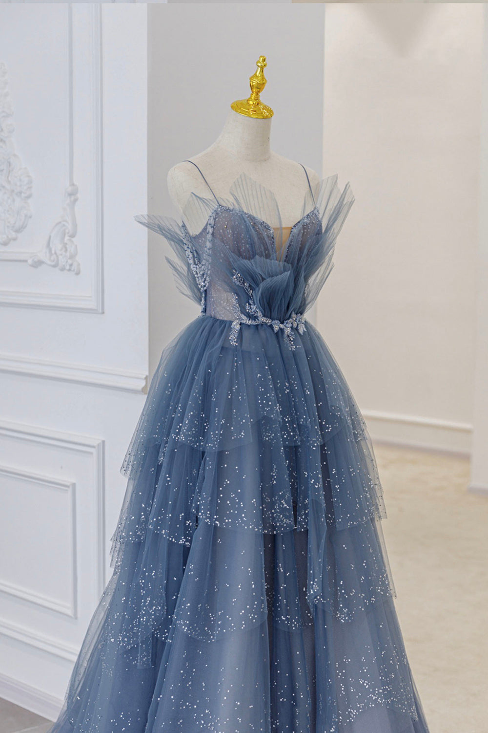 formal blue dress Blue Tulle Sequins Long Prom Gown, Blue Spaghetti Straps Formal Evenin