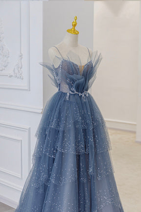 Blue Tulle Sequins Long Prom Gown, Blue Spaghetti Straps Formal Evening Dress