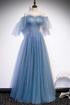 Blue Tulle Long A-Line Prom Dress, Off the Shoulder Evening Party Dress