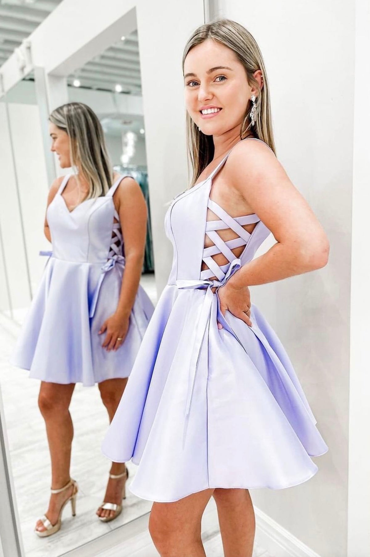 Lavender Satin Short Prom Dress, Lovely A-Line Homecoming Party Dress