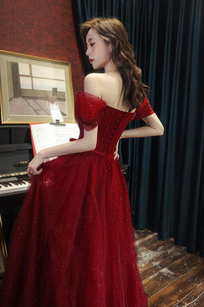 Burgundy Tulle Floor Length Prom Dress, A-Line Off the Shoulder Evening Dress