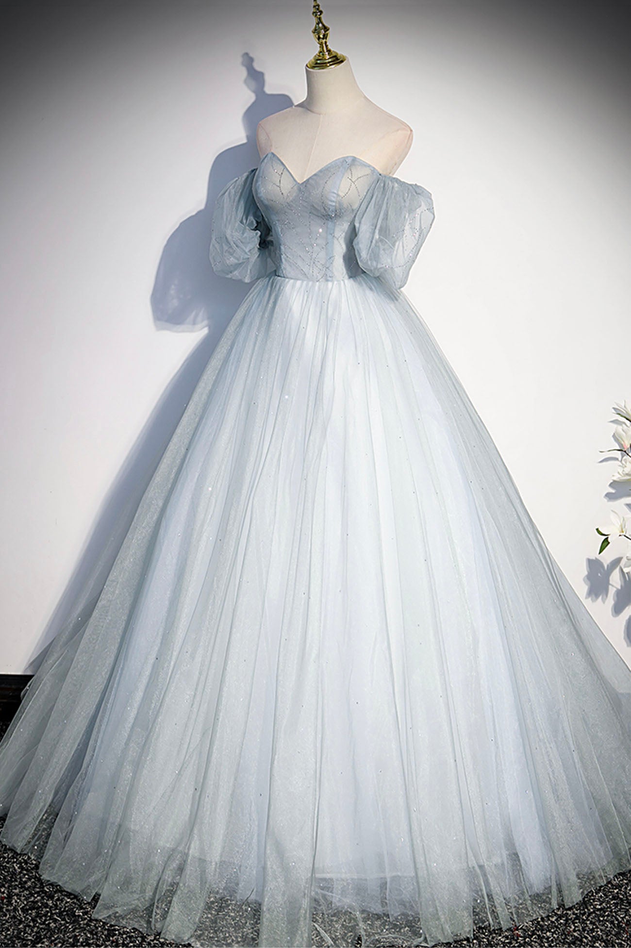Blue Tulle Long A-Line Ball Gown, Off the Shoulder Formal Evening Dress