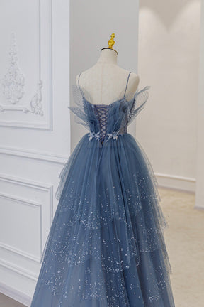 Blue Tulle Sequins Long Prom Gown, Blue Spaghetti Straps Formal Evening Dress