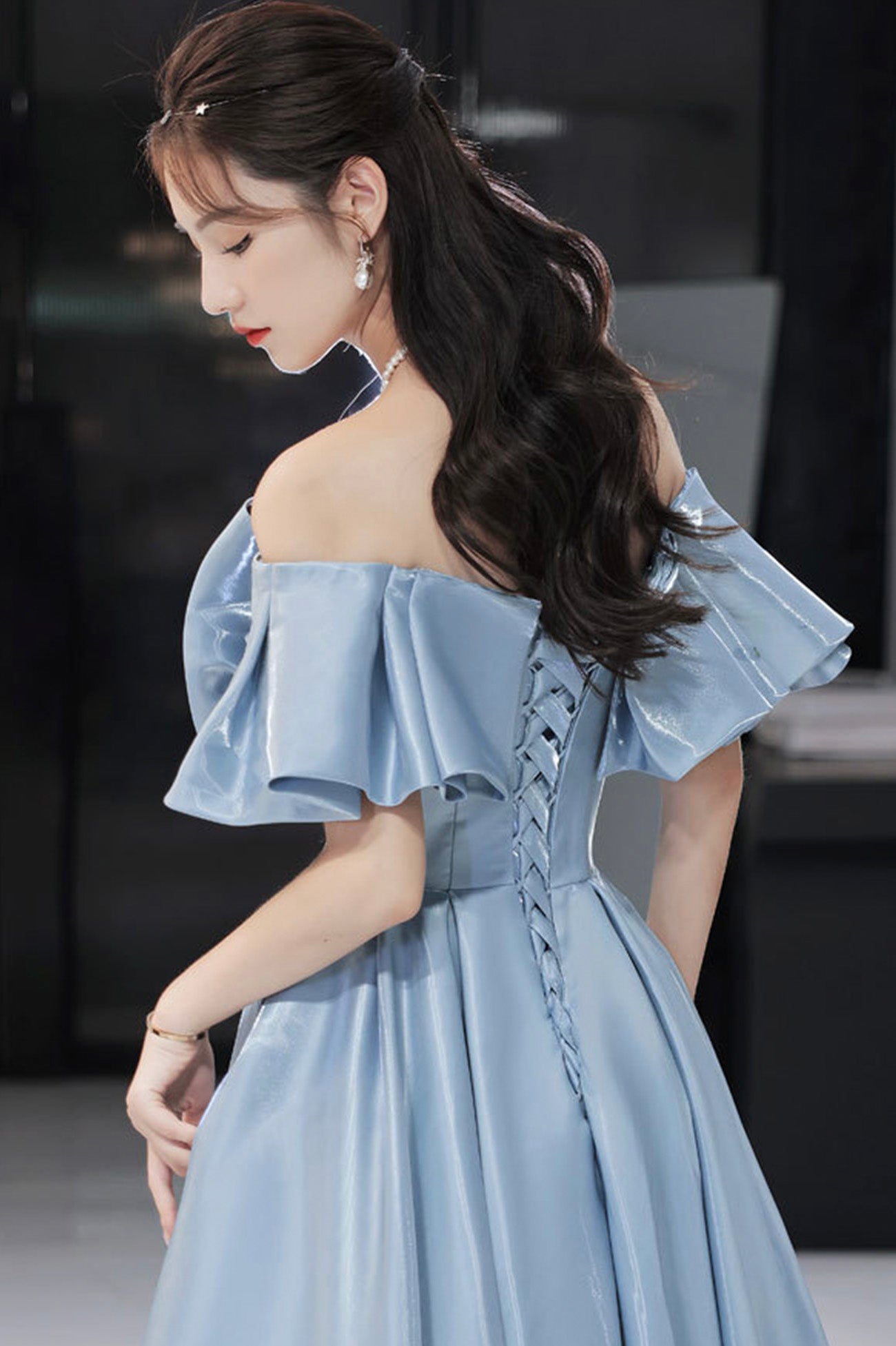 Blue Satin Long A-Line Prom Dress, Off the Shoulder Evening Dress with Bow
