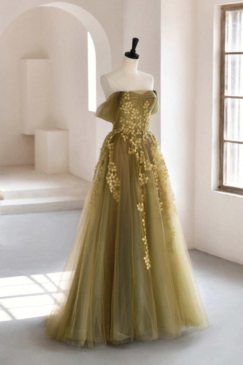 Green Tulle Lace Long Prom Dress, A-Line Off the Shoulder Evening Dress
