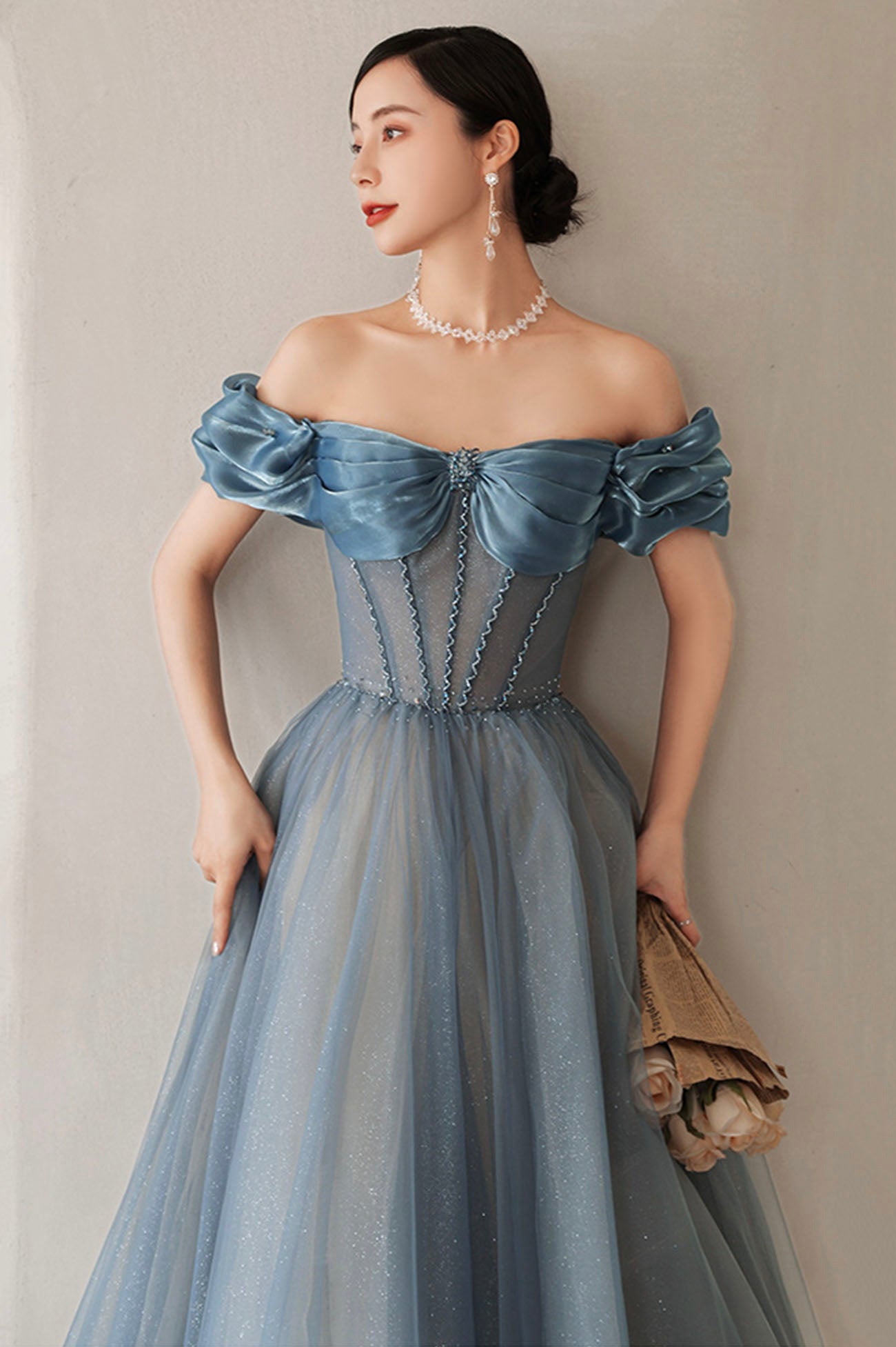 Blue Tulle Long A-Line Prom Dress, Elegant Off the Shoulder Formal Evening Dress
