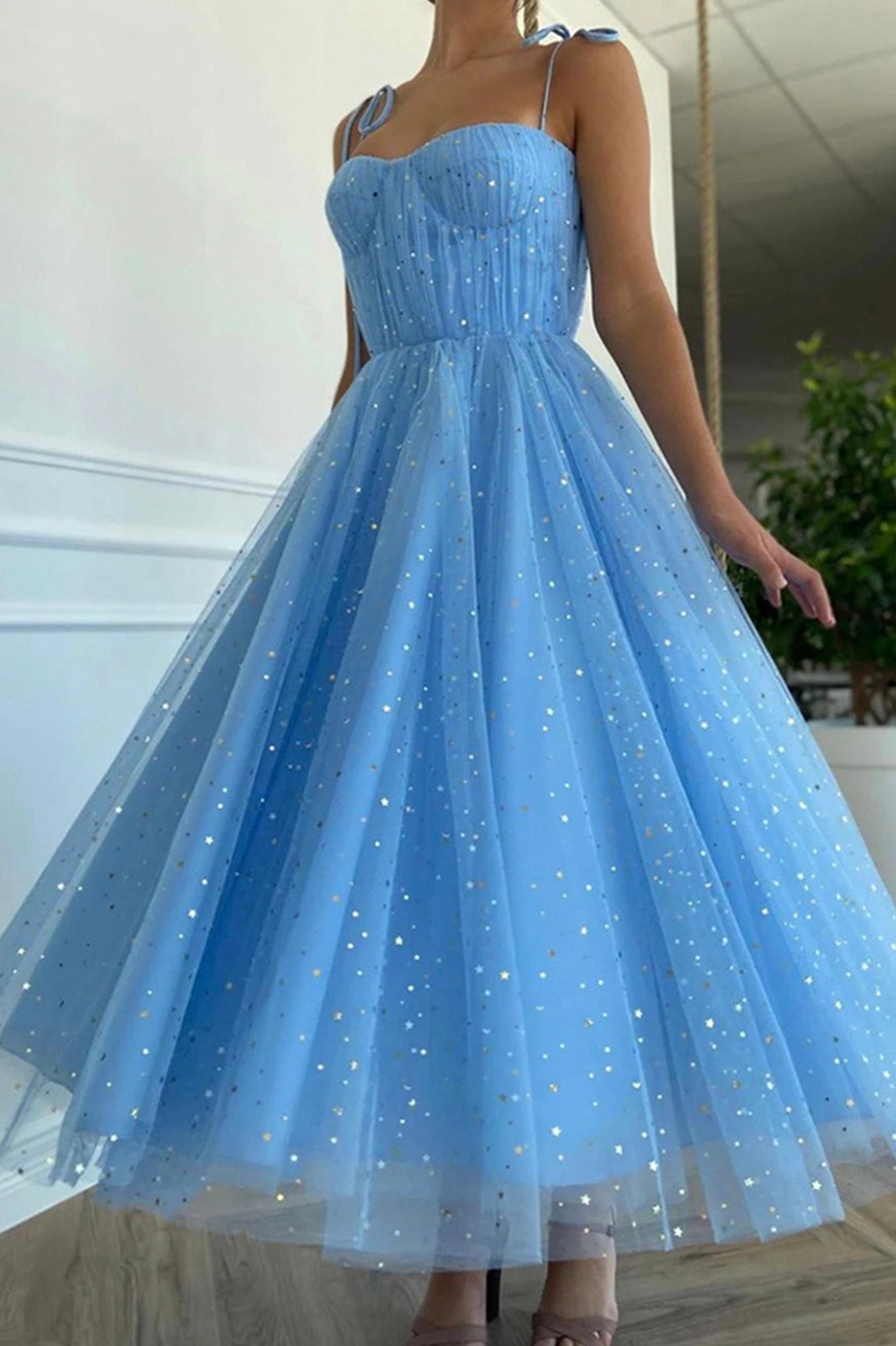 Blue Spaghetti Strap Tulle Knee Length Prom Dress, Cute A-Line Homecoming Dress