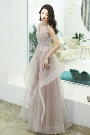 Pink Lace Long A-Line Prom Dress, Pink Spaghetti Straps Evening Dress