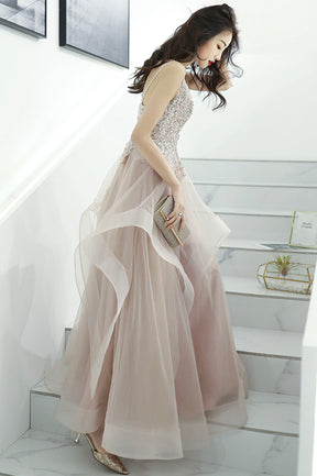 Pink Lace Long A-Line Prom Dress, Pink Spaghetti Straps Evening Dress
