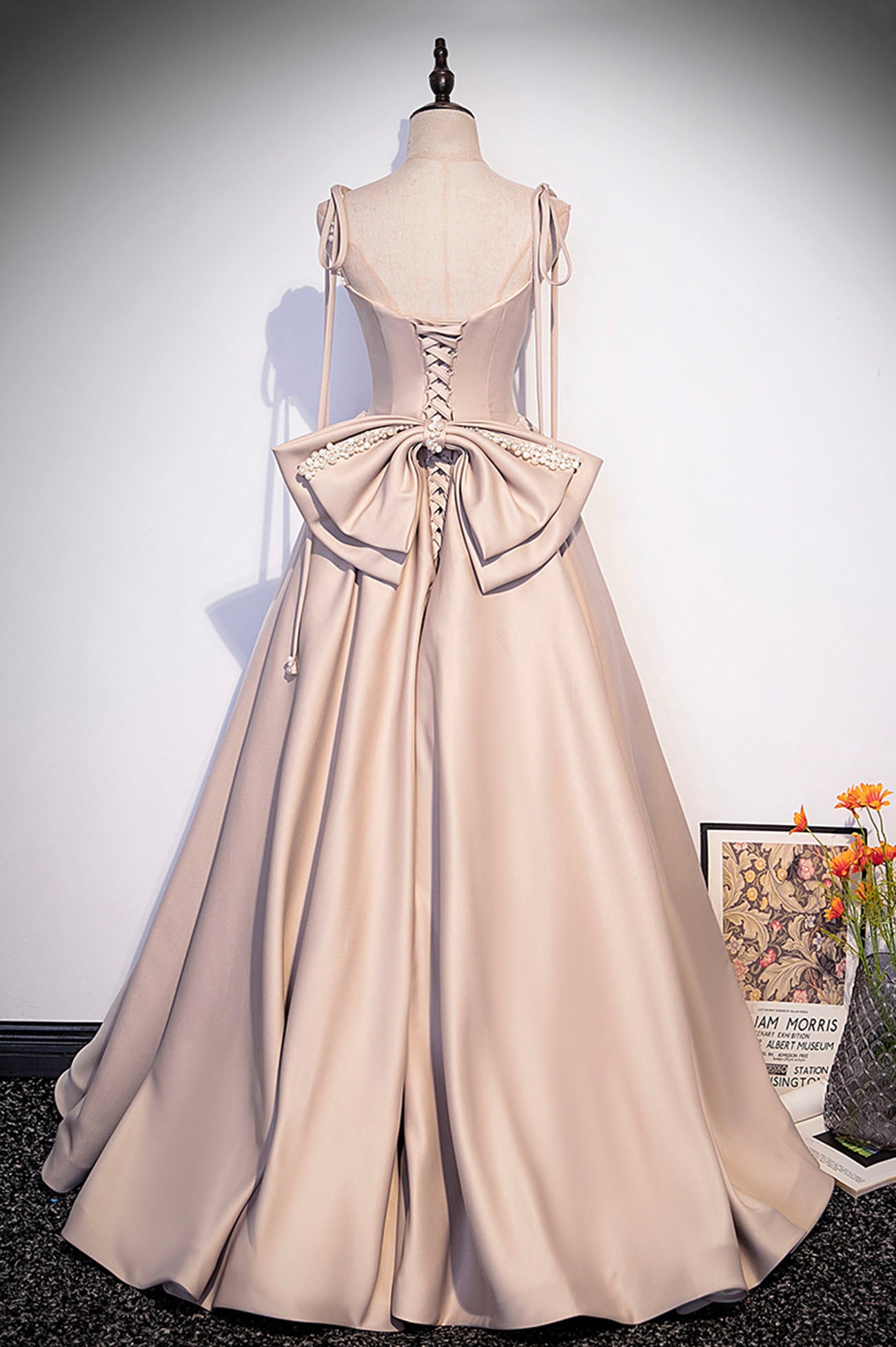 Pink Satin Long A-Line Prom Dress, Cute Spaghetti Strap Evening Dress with Bow