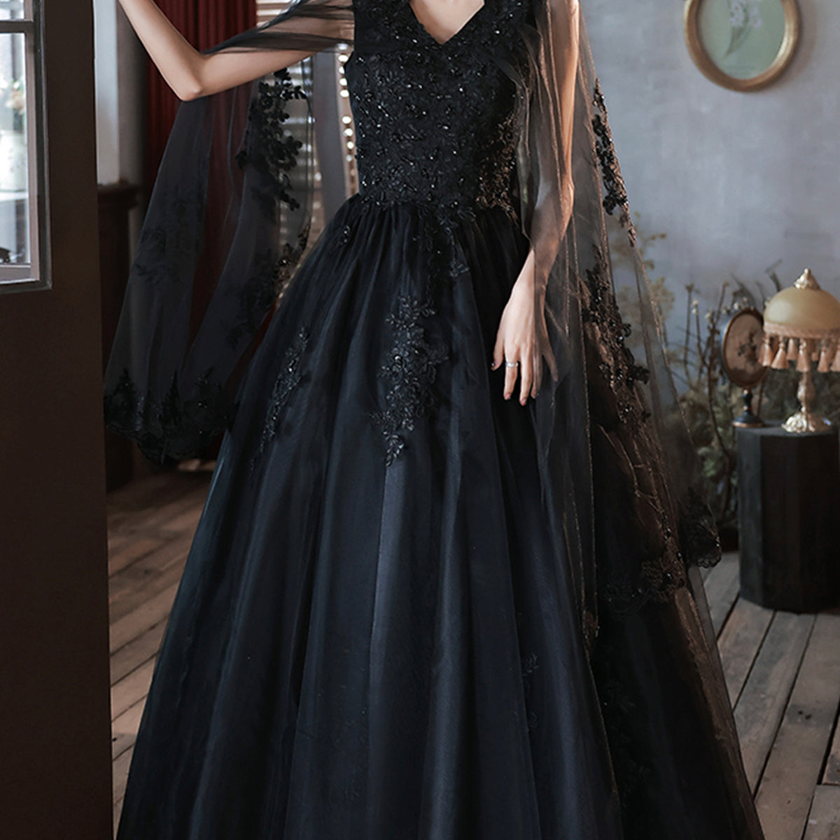 long lace formal black evening dress product info and reviews Elegant Dresses 2019 A-Line / Princess Off-The-Shoulder Beading Flower Crystal 3/4 Sleeve Backless Floor-Length / length design to create a flattering and polished silhouette for all sizes Black lace long prom dress