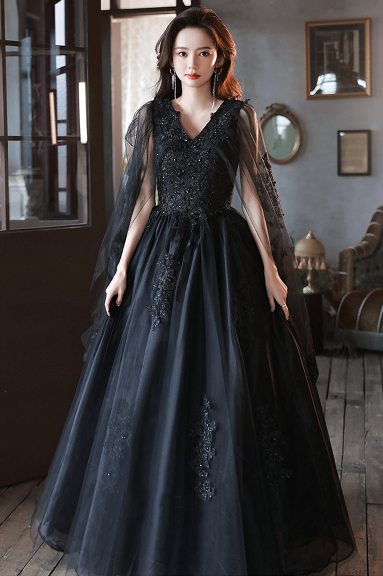 Black V-Neck Lace Long Prom Dress, Black A-Line Evening Party Dress Black V-Neck Lace Long Prom Dress, Black A-Line Evening Party Dress