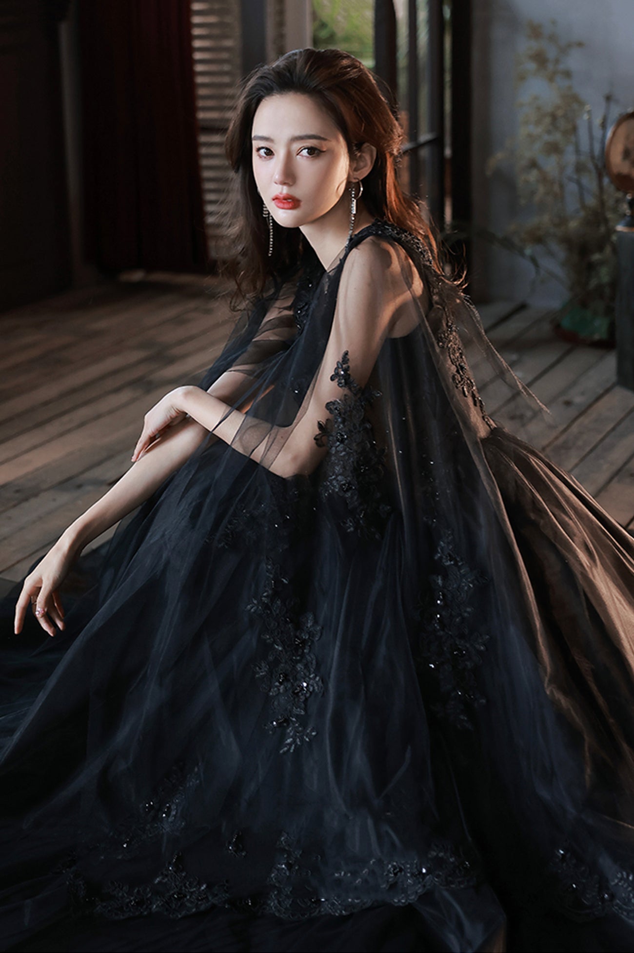 Black V-Neck Lace Long Prom Dress, Black A-Line Evening Party Dress