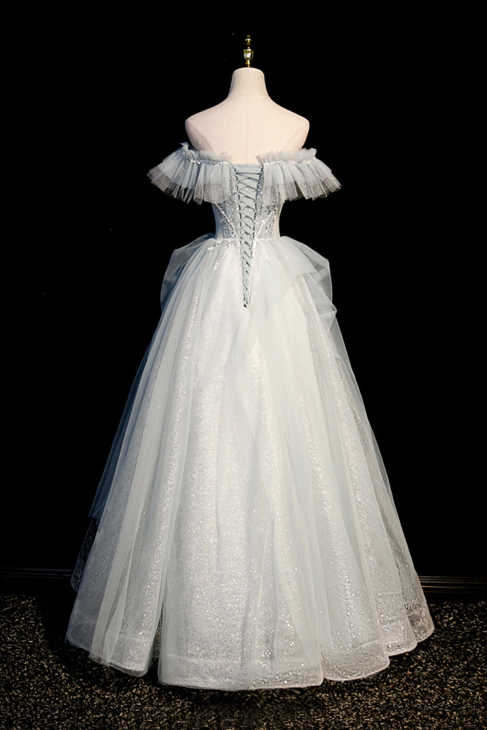 A-Line Tulle Sequins Long Prom Dress, Off the Shoulder Evening Dress