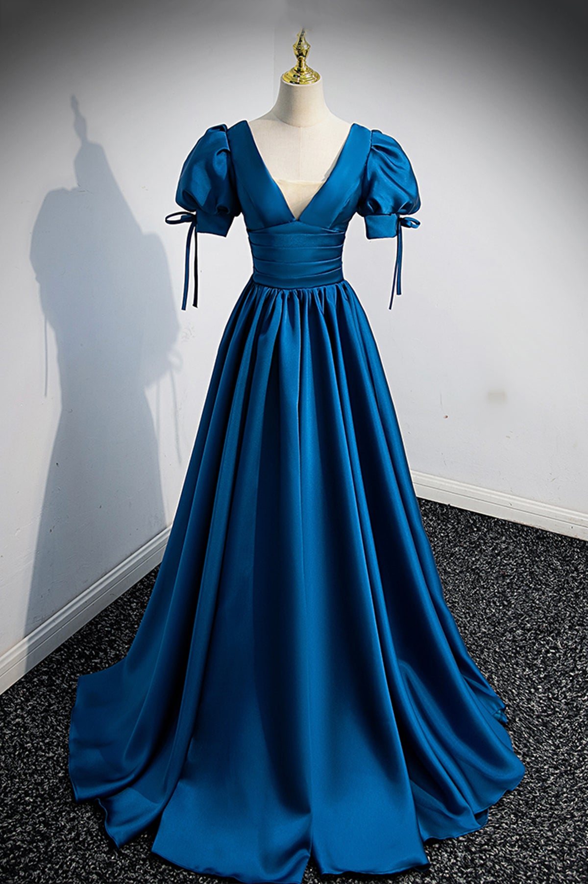 Blue V-Neck Satin Long Prom Dress, A-Line Short Sleeve Evening Dress