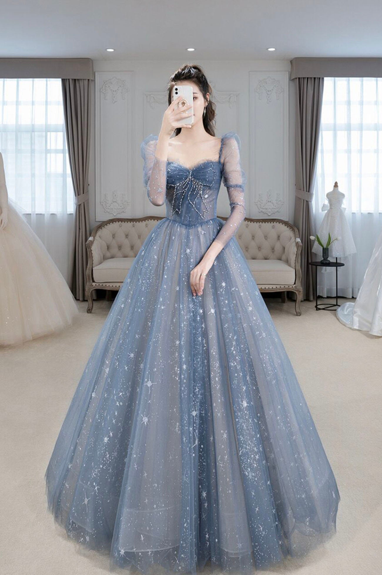 Blue Tulle Beaded Long Prom Dress, A-Line Long Sleeve Evening Dress