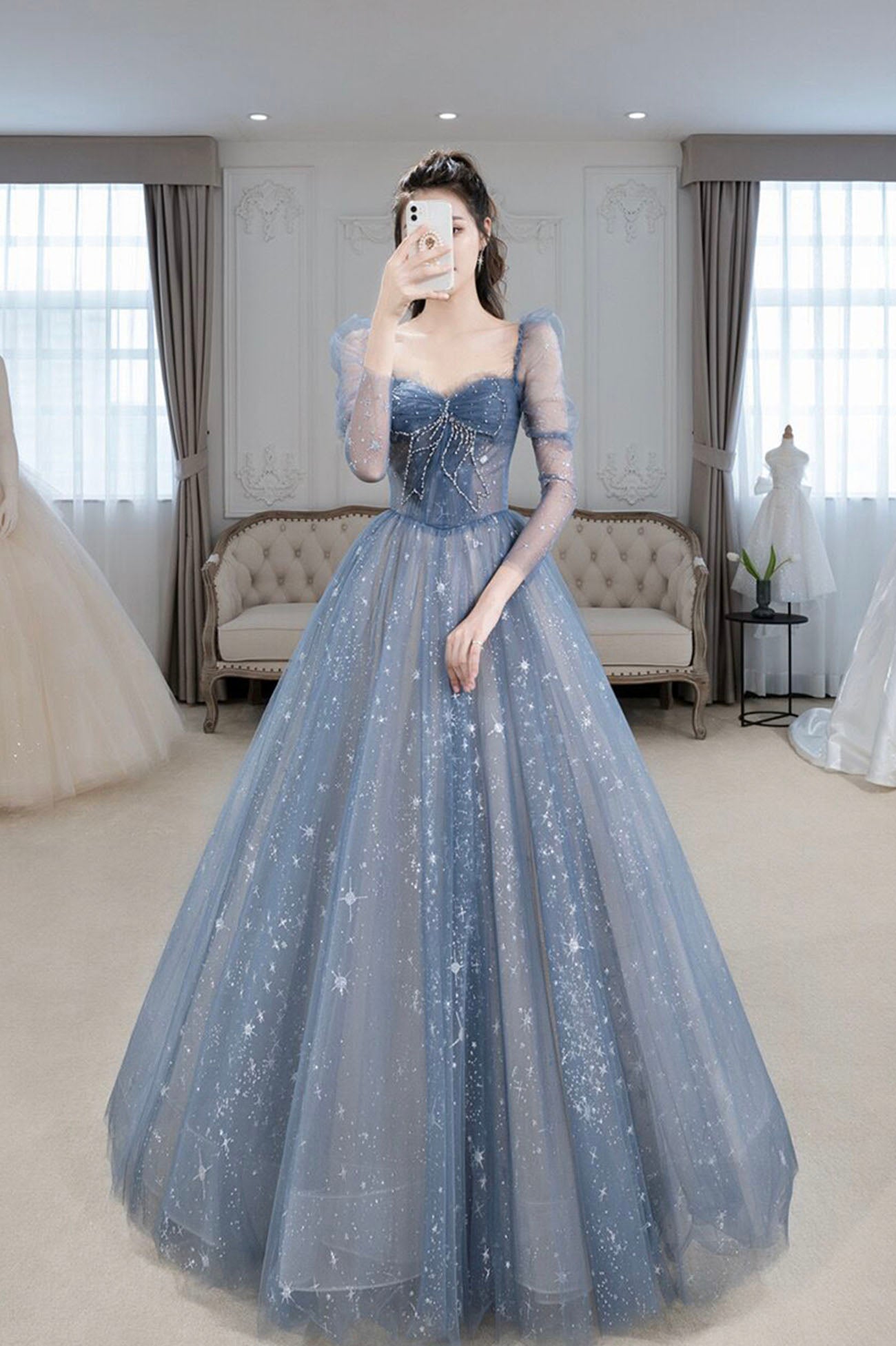 Blue Tulle Beaded Long Prom Dress, A-Line Long Sleeve Evening Dress Blue Tulle Beaded Long Prom Dress, A-Line Long Sleeve Evening Dress