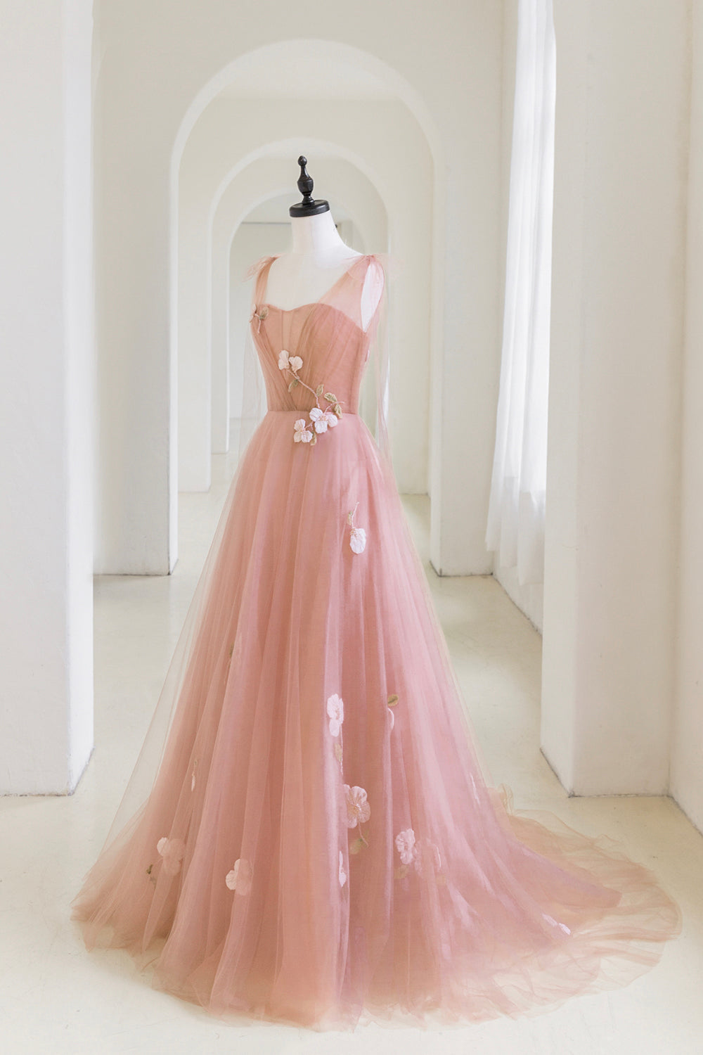 Pink Tulle Long A-Line Prom Dress, Lovely Pink Evening Graduation Dress