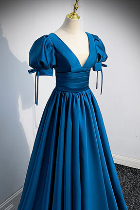 Blue V-Neck Satin Long Prom Dress, A-Line Short Sleeve Evening Dress