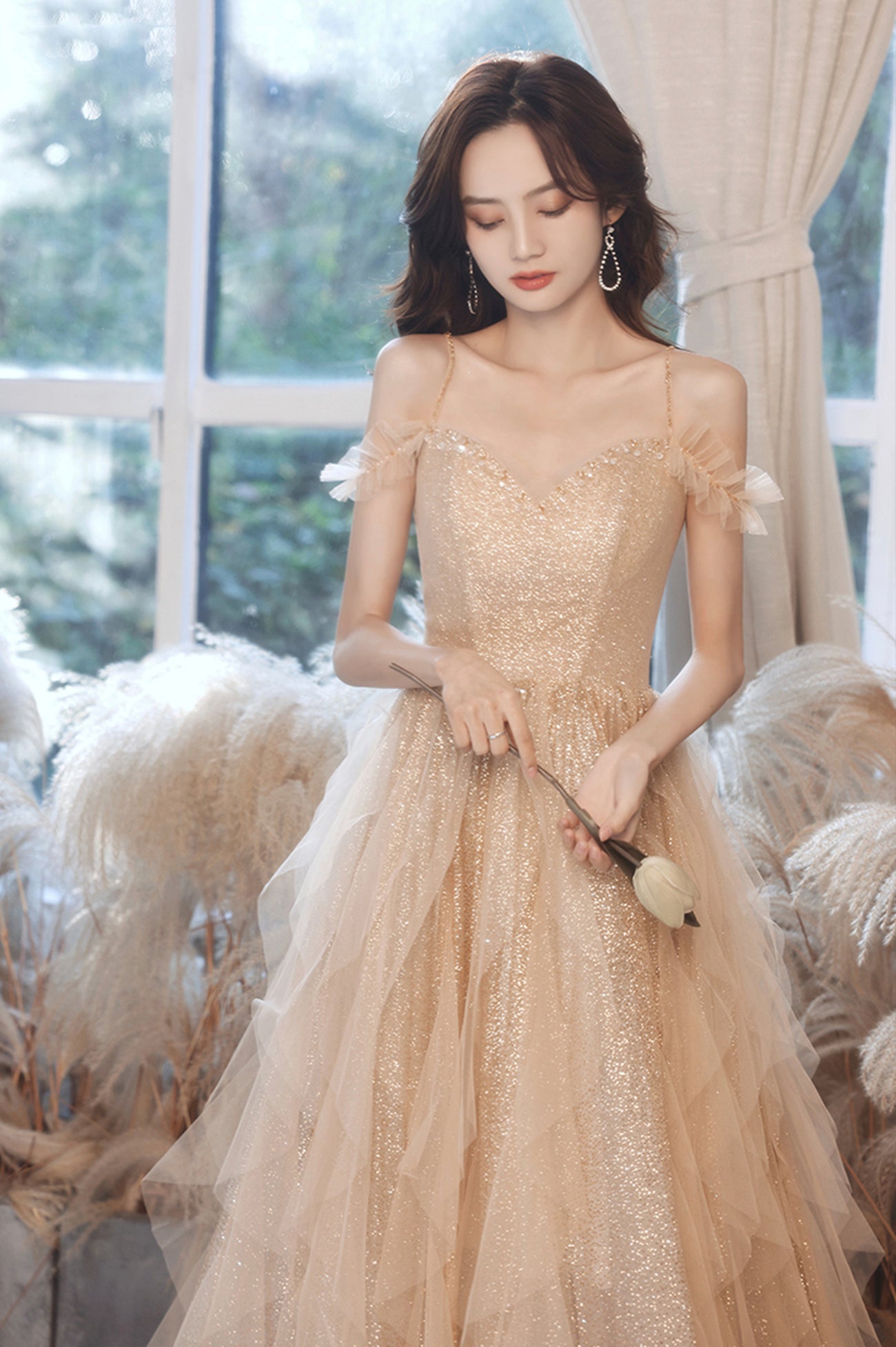 A-Line Tulle Long Prom Dress with Sequins, Spaghetti Straps Evening Dress